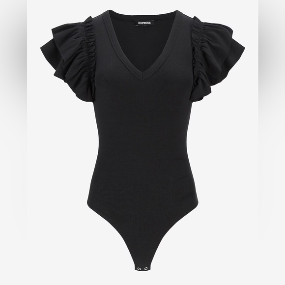 EXPRESS Ribbed V-Neck Ruffle Sleeve Bodysuit Black NWT - Picture 1 of 4